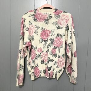 Vintage OHI Cream Floral Silk Angora Wool Blend 80s 90s Granny Sweater L